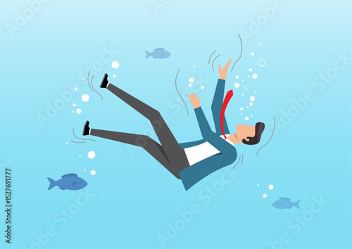 a businessman in a suit sinking underwater with bubbles and fish around