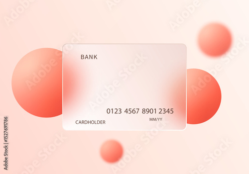 Vector design of modern bank card with soft coral red spheres on pastel peach background.