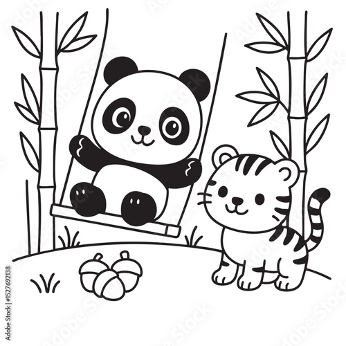 A cute panda bear is happily sitting on a swing while next to it, there is a playful little tiger cub enjoying its surroundings too