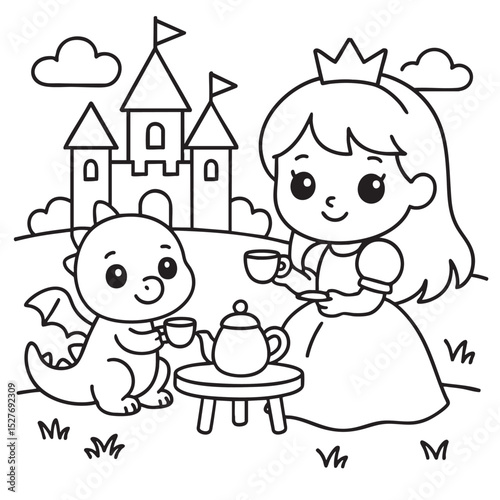 In a whimsical scene, a cheerful princess and a friendly dragon are happily having a delightful tea party right in front of a magnificent castle