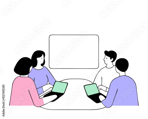 Flat business analysis and marketing using modern technology concept. Businesspeople working as a team developing a successful strategy