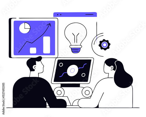 Flat business analysis and marketing using modern technology concept. Businesspeople working as a team developing a successful strategy