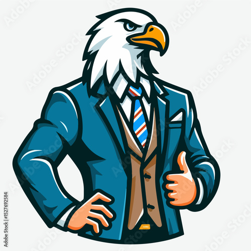 Eagle in Business Attire: A striking depiction of an eagle, embodying authority and confidence, adorned in sophisticated business attire, giving a thumbs up in a dynamic expression.