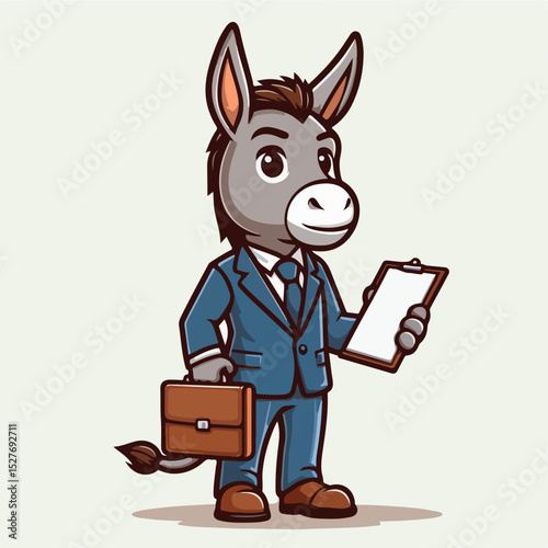 Corporate Donkey: A whimsical illustration of a donkey dressed in a business suit, clutching a briefcase and holding a clipboard. perfect for project related to work. 