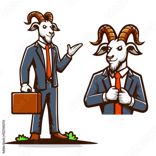 Corporate Goat: A dapper goat in a tailored suit exudes confidence and professionalism, symbolizing business acumen and success. Illustrated to depict a character with briefcase.