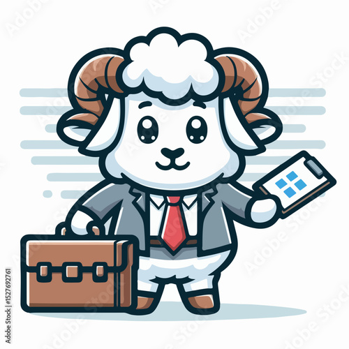Business Sheep Cartoon Illustration: A professional sheep character, dapper in a suit and tie, strides confidently with a briefcase and smartphone in hand.