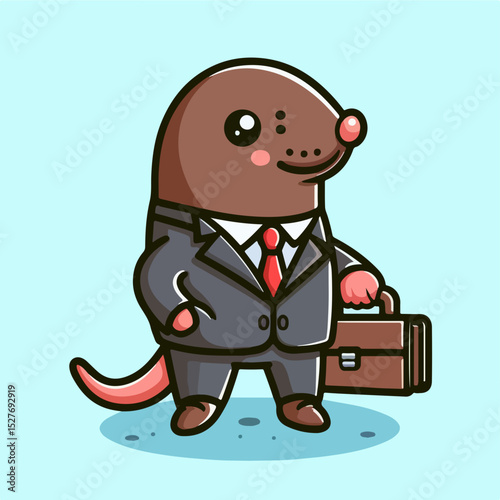 Business Mole: An illustrated mole confidently strides, attired in a suit, holding a briefcase, against a soft pastel backdrop. This adorable character embodies professionalism.
