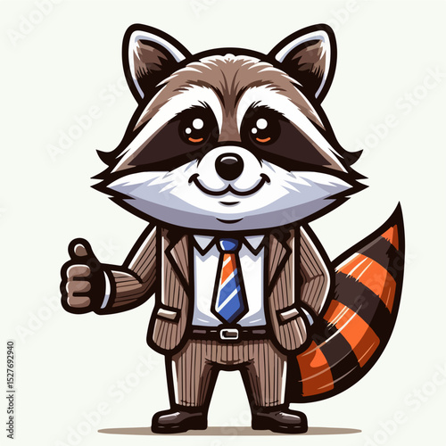 "Suited Raccoon Approves: A charming raccoon, impeccably dressed in a suit, enthusiastically gives a thumbs up, radiating confidence and positivity, symbolizing approval and encouragement.