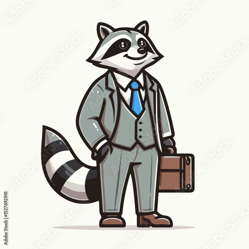 Raccoon Professional: A charismatic cartoon raccoon, impeccably dressed in a business suit, stands confidently with a briefcase, embodying professional charm and wit.