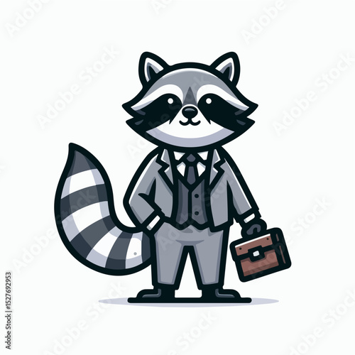 Raccoon in Business Suit: A charming cartoon raccoon, impeccably dressed in a business suit, confidently holds a briefcase, embodying professionalism and competence. 