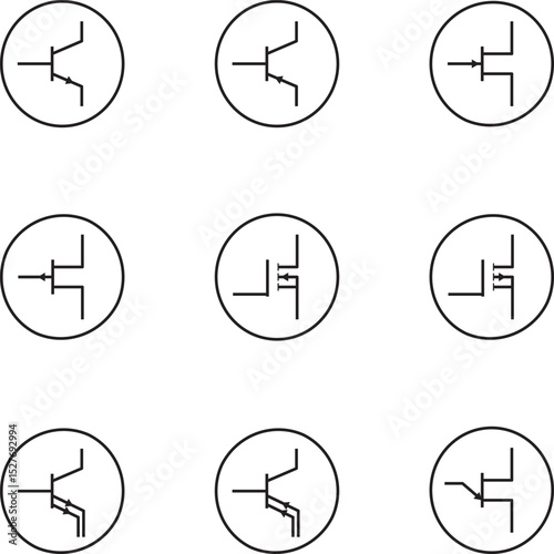 A collection of transistor circuit symbols in circular outlines, ideal for electronics diagrams, schematics, engineering references, and educational materials.