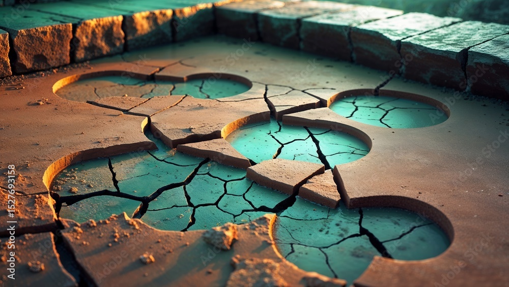 Obraz premium Dry cracked earth forming circular shapes, revealing turquoise water concept, dehydration concept