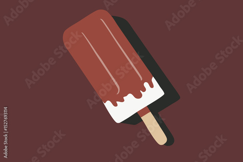 A richly chocolate-coated popsicle rests on a minimalist background