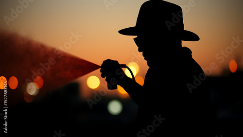 A silhouette of an artist spraying graffiti representing urban creativity and street art culture