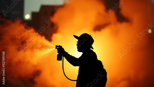 A silhouette of an artist spraying graffiti representing urban creativity and street art culture