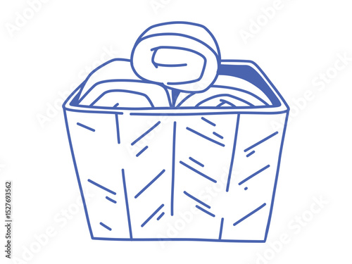 Minimal blue line art of soft rolled towels in a woven basket. Cozy home organization and bathroom hygiene concept. Clean vector isolated illustration for interior or housekeeping themes.
