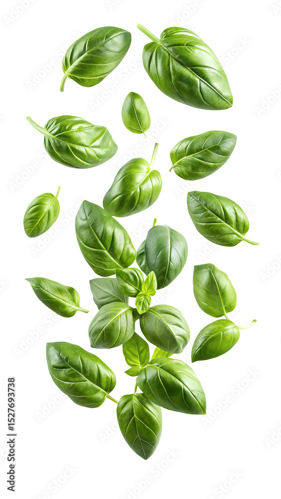 flying fresh basil leaves isolated on transparent white background png, clipping path