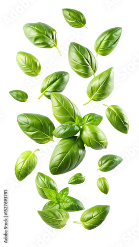 flying fresh basil leaves isolated on transparent white background, clipping path