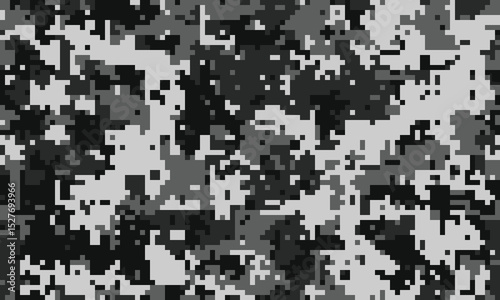 Abstract grayscale digital camouflage pattern. Ideal for backgrounds, textiles, and modern design projects.