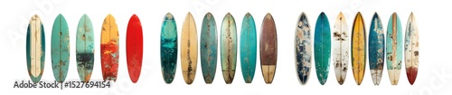 Variety of vintage surfboards displayed against a white background.