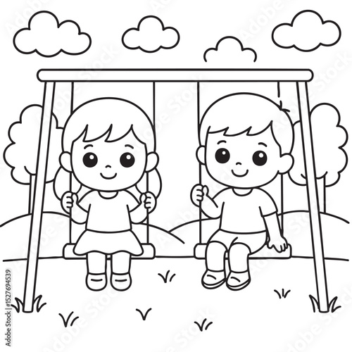 In a beautiful park, a cheerful boy and a girl are happily sitting on a swing, enjoying their time together in the warm sunlight
