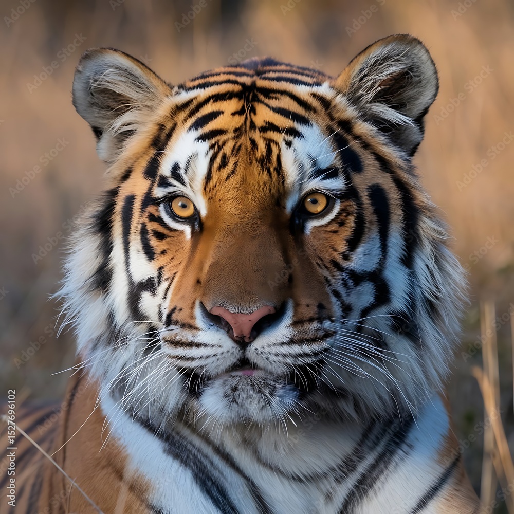 Fototapeta premium Wild Bengal tiger portrait with striking black stripes, a powerful feline predator in nature