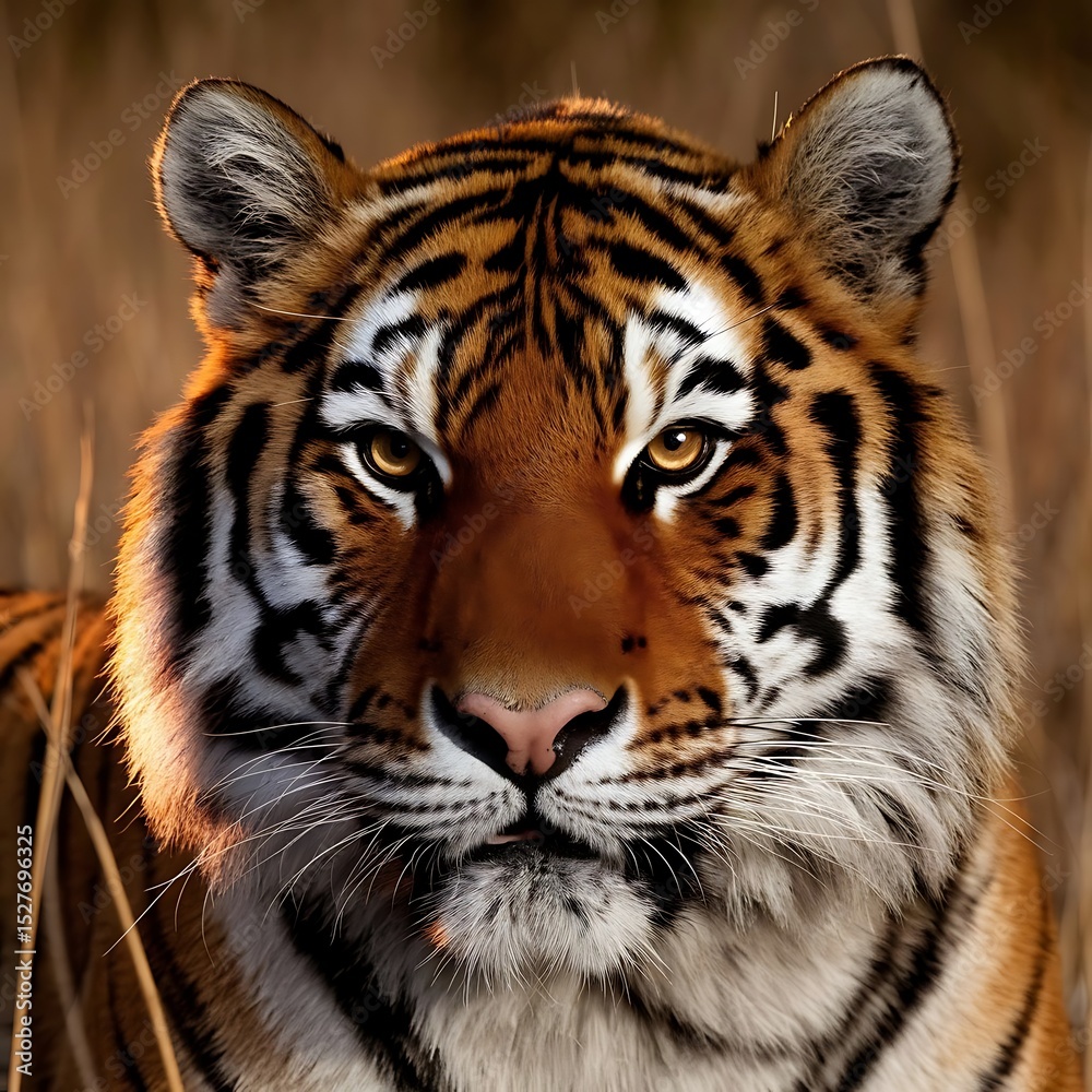 Fototapeta premium Wild Bengal tiger portrait with striking black stripes, a powerful feline predator in nature