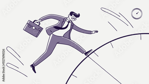 Time management and urgency, deadline productivity schedule, achievement goal strategy, businessman is depicted precariously balancing clock
