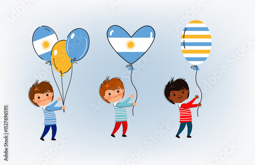 Icon set of Independence Day in Argentina. Happy children from Argentina celebrating with balloons, flag, garlands and fireworks. cartoon flat vector illustration	

