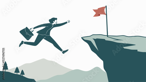 Goal flag, ambition, effort, risk with planning and determination reach to success achievement goal and victory, businessman leaps across cliff or chasm