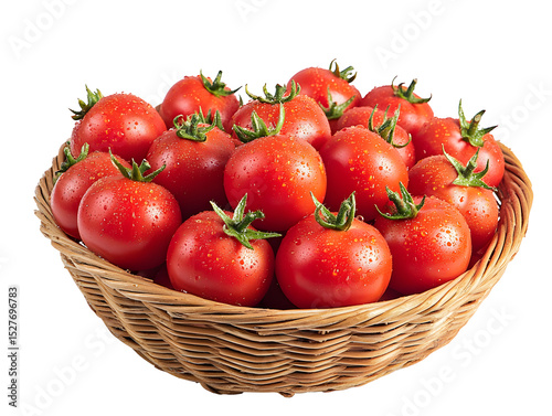 Basket of freshly picked tomatoes showcasing their rich, vibrant red color and natural dew drops