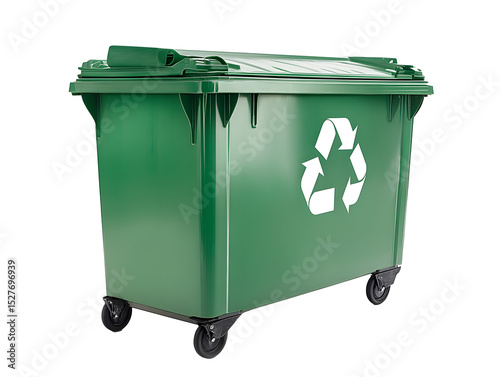 Large green recycling bin with white recycling symbol on wheels for waste management