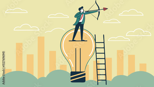 SVG Vector businessman stands atop giant lightbulb, aiming arrow with determination