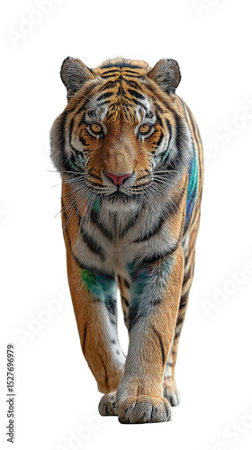 A frontal view of a tiger walking forward with an isolated black background in a studio setting isolated white background