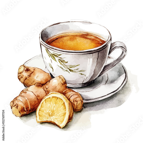 Ginger Tea, watercolor vector, high quality, isolated on a white background.