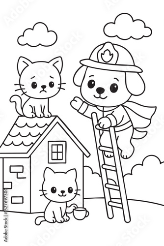 A brave dog firefighter climbs a ladder to rescue a kitten from a rooftop in this simple line drawing. Designed as a vector coloring book page for children, the illustration features bold outlines