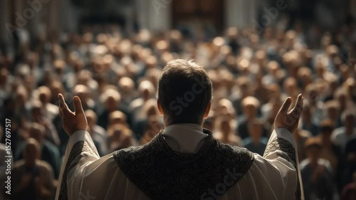 A priest preaching to a large crowd, conveying a message of faith and hope.