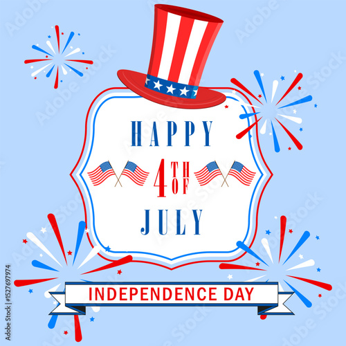 Happy 4th of July background with US national flag, fireworks and stars. USA Independence Day. Vector illustration.