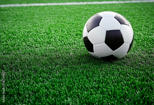 Soccer ball on green artificial turf field