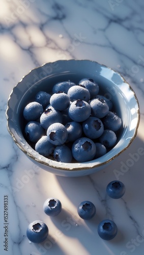 Fresh blueberries in a ceramic bowl on a marble surface with soft natural light