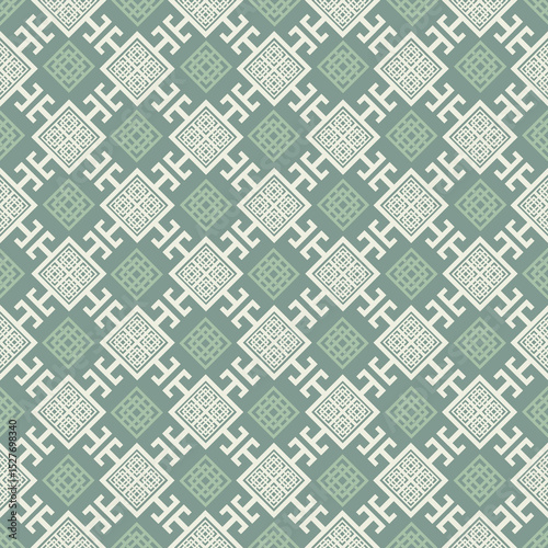 Seamless green geometrics traditional pattern design for wallpaper, textile, carpet, decoration.