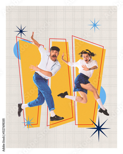 Contemporary art collage. Dynamic duo jumps forward in synchronized move over graphic pop backdrop with abstract panels and retro stars. Concept of performance art, swing, jazz, fun experience. photo
