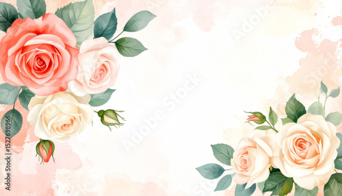 Floral Elegance: A stunning arrangement of pastel roses graces a soft watercolor wash background, exuding timeless elegance and delicate charm.