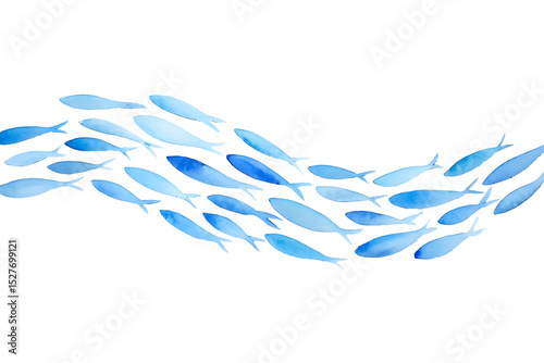 Watercolor illustration of a school of blue fish swimming against a transparent background
