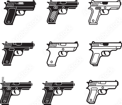 Gun Outline Icons Modern Pistol Illustrations Handgun Icon Collection Pistol Vector Set