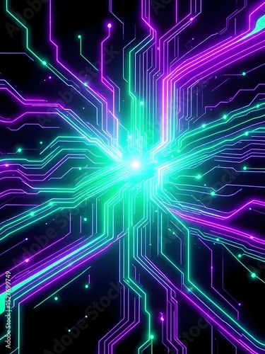 Futuristic digital circuit board illustration featuring glowing neon lines and connections