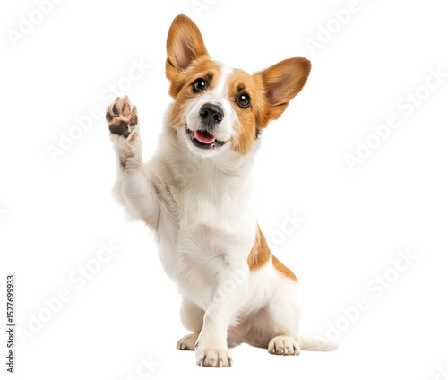 Cute jack russell terrier puppy raise hands, jack russell terrier dog giving high five isolated on a transparent background