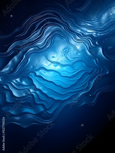 Abstract blue fluid art illustration depicting water and galaxy forms with starry details