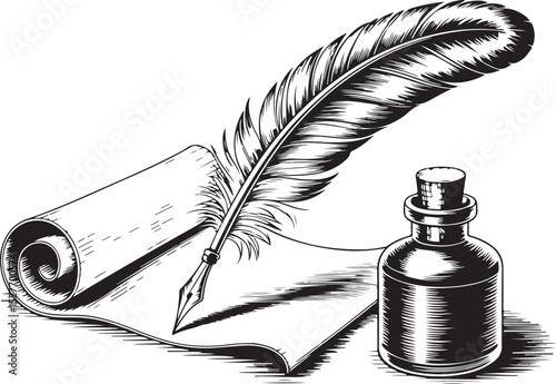 engraving vintage quill inkwell on parchment  vector art illustration, old vintage quill design.