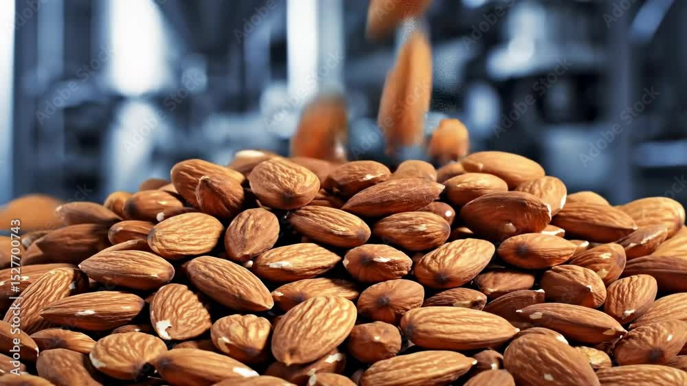 A pile of almonds with more falling into the pile set against a blurred industrial background